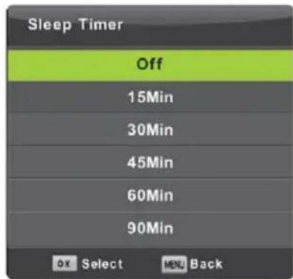 Sleep Timer Off 15Min 30Min 45Min 60Min 90Min OK Select MENU Back