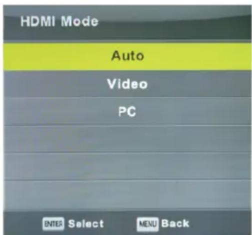 HDMI Mode Auto Video PC ENTER Select MENU Back