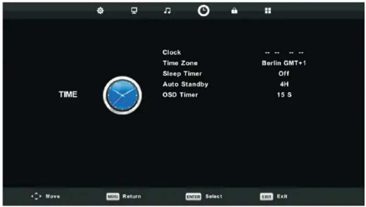 Clock Time Zone Sleep Timer Auto Standby OSD Timer Berlin GMT+1 Off 4H 15 S Move MENU Return ENTER Select EXIT Exit