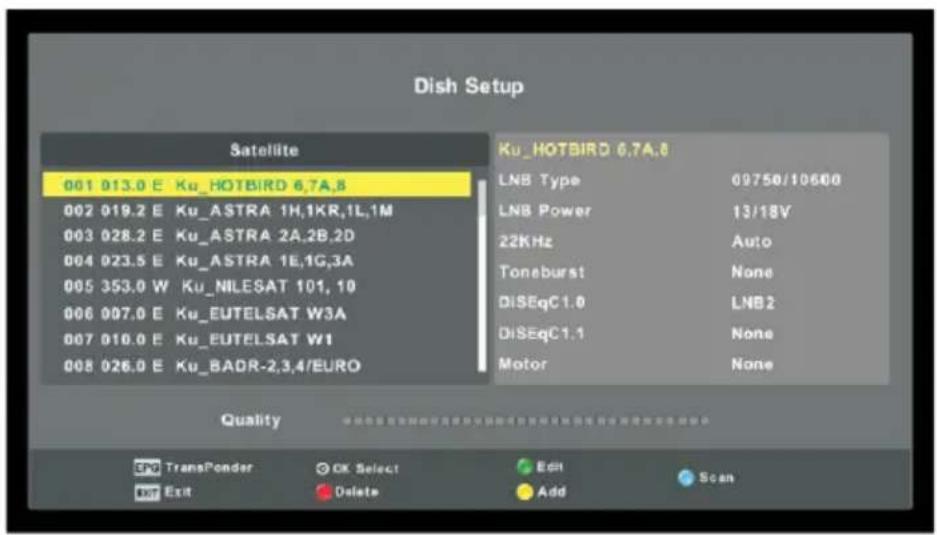 Dish Setup Satellite 001 013.0 E Ku_HOTBIRD 6.7A.8 002 019.2 E Ku_ASTRA 1H,1KR,1L,1M 003 028.2 E Ku_ASTRA 2A,2B,2D 004 023.5 E Ku_ASTRA 1E,1G,3A 005 353.0 W Ku_NILESAT 101, 10 006 007.0 E Ku_EUTELSAT W3A 007 010.0 E Ku_EUTELSAT W1 008 026.0 E Ku_BADR-2,3,4/EURO Ku_HOTBIRD 6.7A.8 LNB Type 09750/10600 LNB Power 13/18V 22KHz Auto Toneburst None DiSEqC1.0 LNB2 DiSEqC1.1 None Motor None Quality OK TransPonder OK Select Edit Scan Exit Delete Add Scan