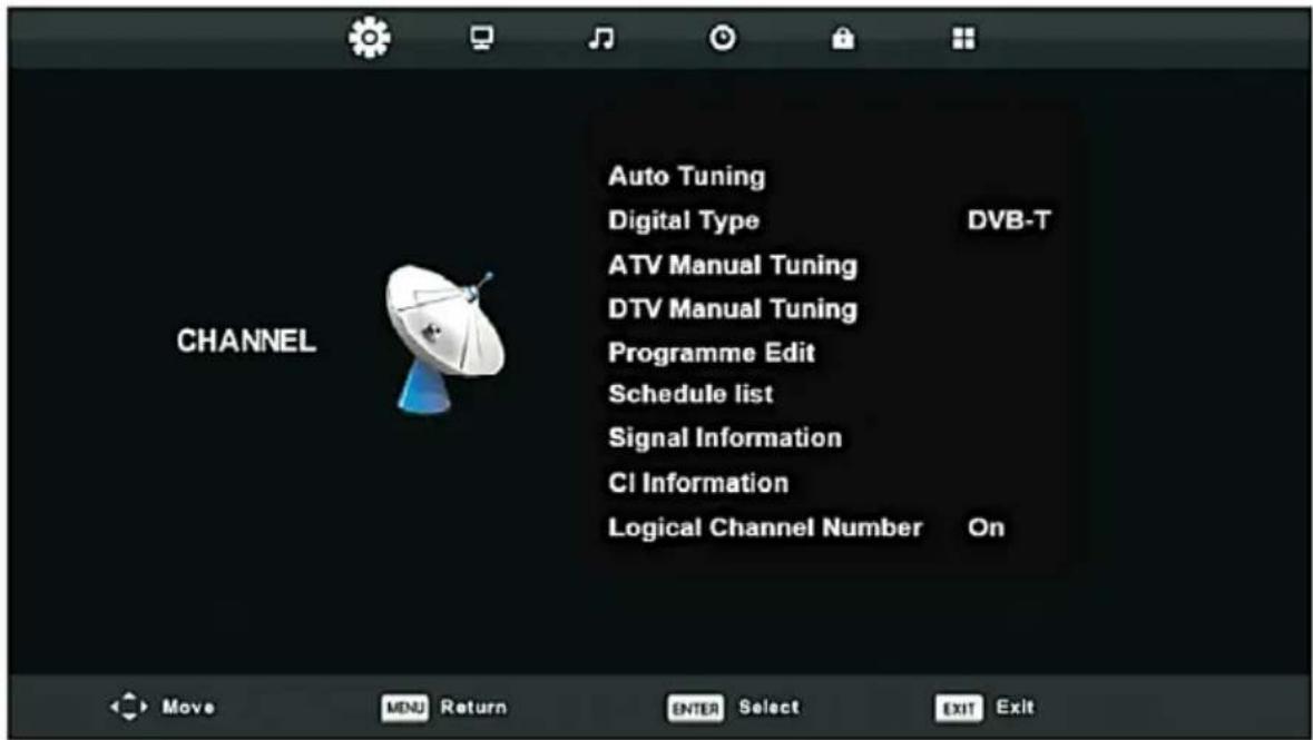 Auto Tuning Digital Type ATV Manual Tuning DTV Manual Tuning Programme Edit Schedule list Signal Information CI Information Logical Channel Number On DVB-T CHANNEL Move MENU Return ENTER Select EXIT Exit