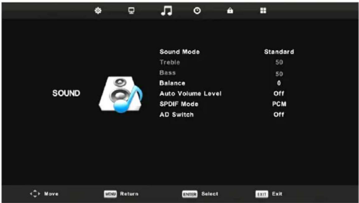Sound Mode Treble 50 Bass 50 Balance 0 Auto Volume Level Off SPDIF Mode PCM AD Switch Off Move MENU Return ENTER Select EXIT Exit