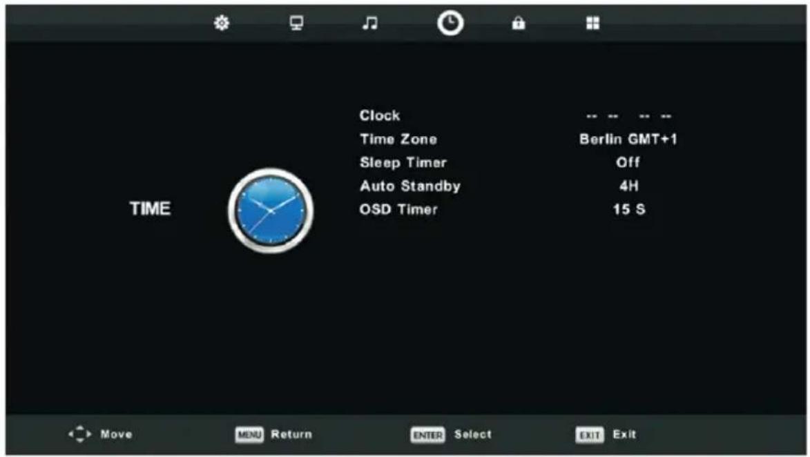 Clock Time Zone Sleep Timer Auto Standby OSD Timer Berlin GMT+1 Off 4H 15 S TIME Move MENU Return ENTER Select EXIT Exit