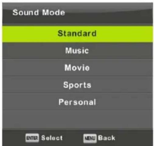 Sound Mode Standard Music Movie Sports Personal ENTER Select MENU Back