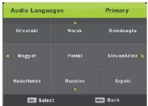 Audio Languages Primary Hrvatski Norsk Româneşte Magyar Polski Slovensčina Nederlands Russian Srpski OK Select MENU Back