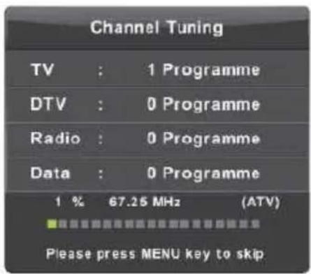 Channel Tuning TV : 1 Programme DTV : 0 Programme Radio : 0 Programme Data : 0 Programme 1 % 67.25 MHz (ATV) Please press MENU key to skip