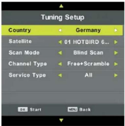 Tuning Setup Country Germany Satellite 01 HOTBIRD 6... Scan Mode Blind Scan Channel Type Free+Scramble Service Type All OK Start MENU Back