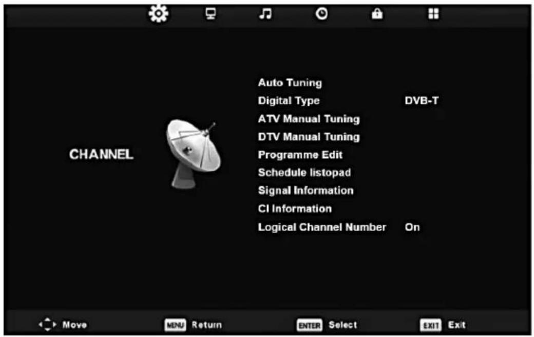 Auto Tuning Digital Type DTV Manual Tuning DTV Manual Tuning Programme Edit Schedule listopad Signal Information CI Information Logical Channel Number On CHANNEL Move MENU Return ENTER Select EXIT Exit