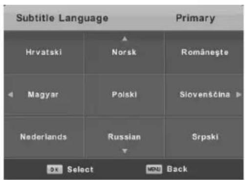 Subtitle Language Primary Hrvatski Norsk Româneşte Magyar Polski Slovensčina Nederlands Russian Srpski OK Select MENU Back