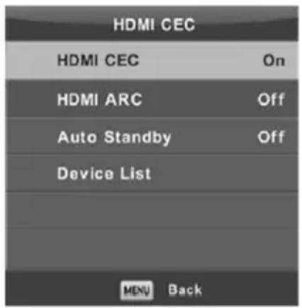HDMI CEC HDMI CEC On HDMI ARC Off Auto Standby Off Device List MENU Back