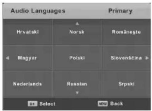 Audio Languages Primary Hrvatski Norsk Româneşte Magyar Polski Slovenšćina Nederlands Russian Srpski 03 Select MENU Back