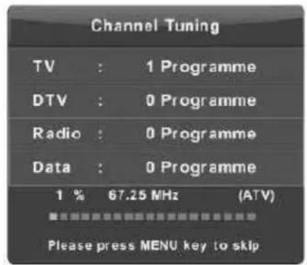 Channel Tuning TV : 1 Programme DTV : 0 Programme Radio : 0 Programme Data : 0 Programme 1 % 67.25 MHz (ATV) Please press MENU key to skip