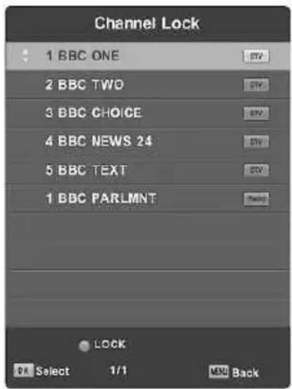 Channel Lock 1 BBC ONE 2 BBC TWO 3 BBC CHOICE 4 BBC NEWS 24 5 BBC TEXT 1 BBC PARLMNT OK Select 1/1 END Back