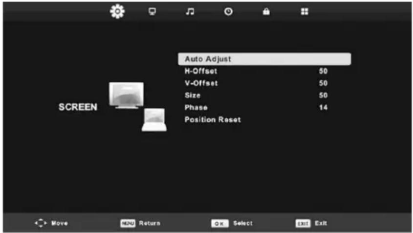 Auto Adjust H-Offset 50 V-Offset 50 Size 50 Phase 14 Position Reset SCREEN