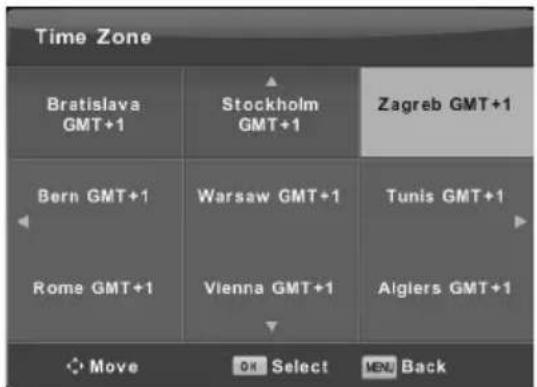 Time Zone Bratislava GMT+1 Stockholm GMT+1 Zagreb GMT+1 Bern GMT+1 Warsaw GMT+1 Tunis GMT+1 Rome GMT+1 Vienna GMT+1 Aiglers GMT+1 Move OK Select MENU Back
