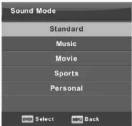 Sound Mode Standard Music Movie Sports Personal ENTER Select MENU Back