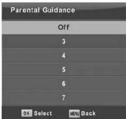 Parental Guidance Off 3 4 5 6 7 OK Select MENU Back