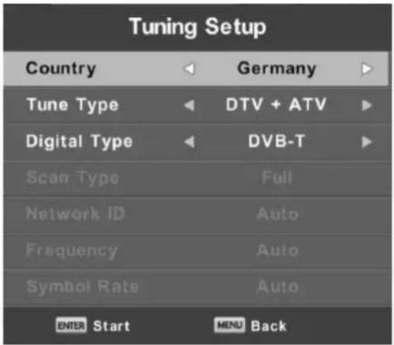 Tuning Setup Country Germany Tune Type DTV + ATV Digital Type DVB-T Scan Type Full Network ID Auto Frequency Auto Symbol Rate Auto ENTER Start MENU Back