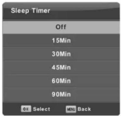 Sleep Timer Off 15Min 30Min 45Min 60Min 90Min OK Select MENU Back