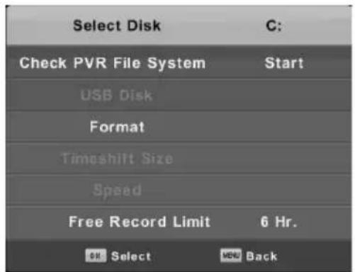 Select Disk C: Check PVR File System Start USB Disk Format Timeshift Size Speed Free Record Limit 6 Hr. OK Select USB Back