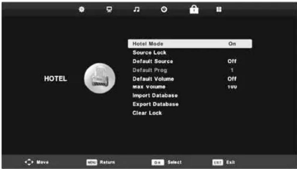 Hotel Mode On Source Lock Default Source Off Default Prog 1 Default Volume Off max volume 100 Import Database Export Database Clear Lock