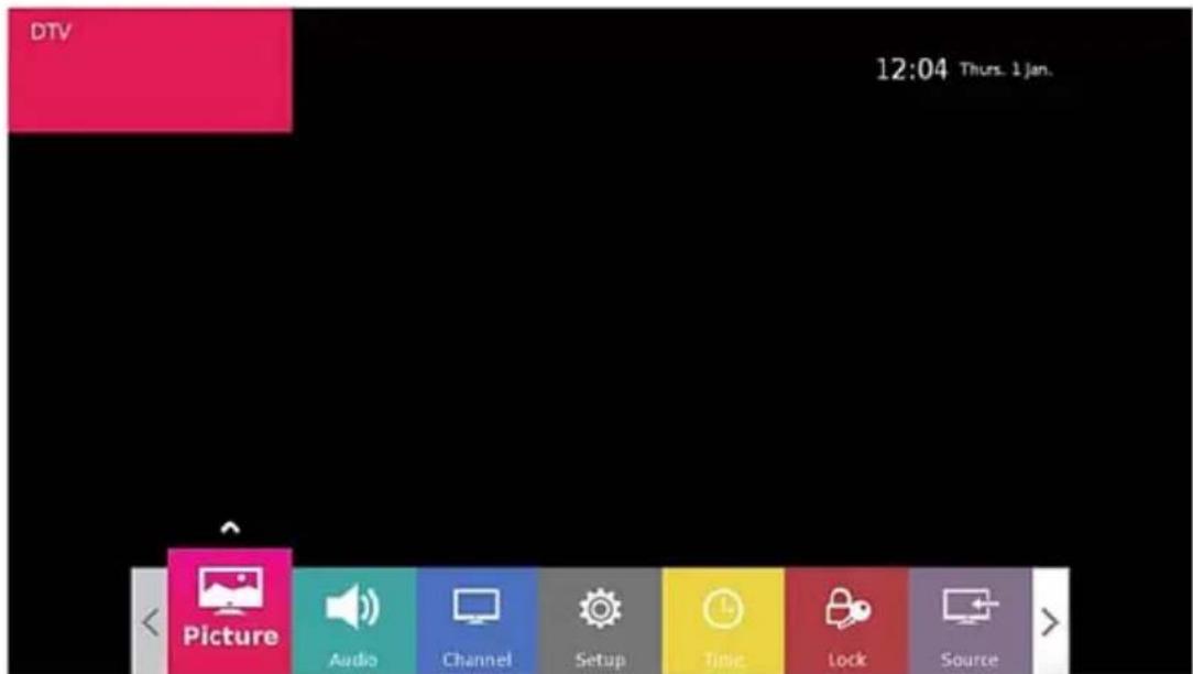 DTV 12:04 Thurs. 1 Jan. Picture Audio Channel Setup Time Lock Source