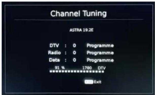 Channel Tuning ASTRA 19.2E DTV : 0 Programme Radio : 0 Programme Data : 0 Programme 91 % 1780 DTV Exit