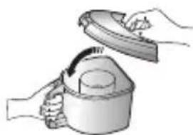 Illustration of hands using a lid to handle a cup with a spoon (no text or symbols).