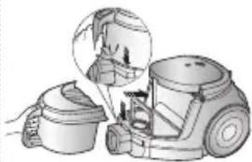 Illustration of a vacuum cleaner with a close-up view of its internal components (no text or symbols).