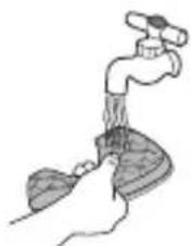 Line drawing of a faucet with water flowing from the mouth. No text or symbols.