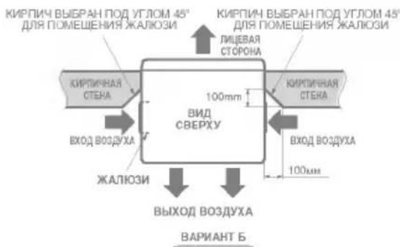КИРПИЧ ВЫБРАН ПОД УГЛОМ 45° ДЛЯ ПОМЕЩЕНИЯ ЖАЛЮЗИ КИРПИЧ ВЫБРАН ПОД УГЛОМ 45° ДЛЯ ПОМЕЩЕНИЯ ЖАЛЮЗИ ЛИЦЕВАЯ СТОРОНА ВИД СВЕРХУ КИРПИЧНАЯ СТЕНА 100mm ВХОД ВОЗДУХА ЖАЛЮЗИ ВХОД ВОЗДУХА 100mm ВЫХОД ВОЗДУХА ВАРИАНТ Б