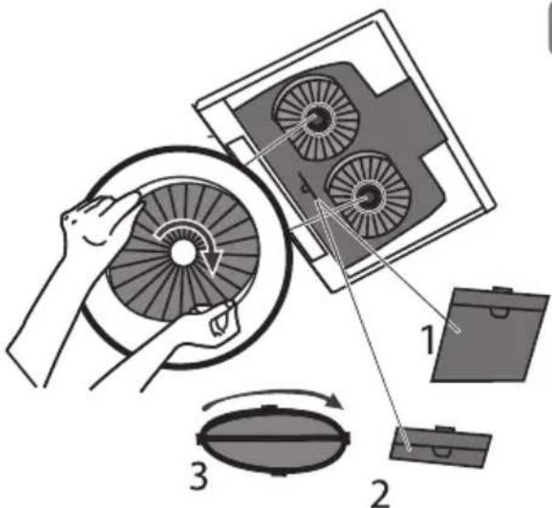 Diagram illustrating a mechanical assembly with labeled components, showing hands operating a fan blade and parts including a box, case, and rotating components.