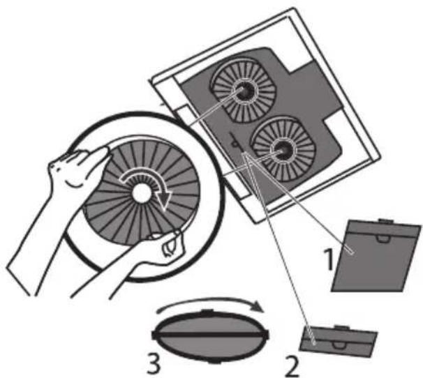 Diagram illustrating the installation of a fan blade assembly with labeled components and motion arrows