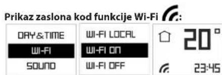 Prikaz zaslona kod funkcije Wi-Fi DAY&TIME WI-FI SOUND WI-FI LOCAL WI-FI ON WI-FI OFF 20° 23:45