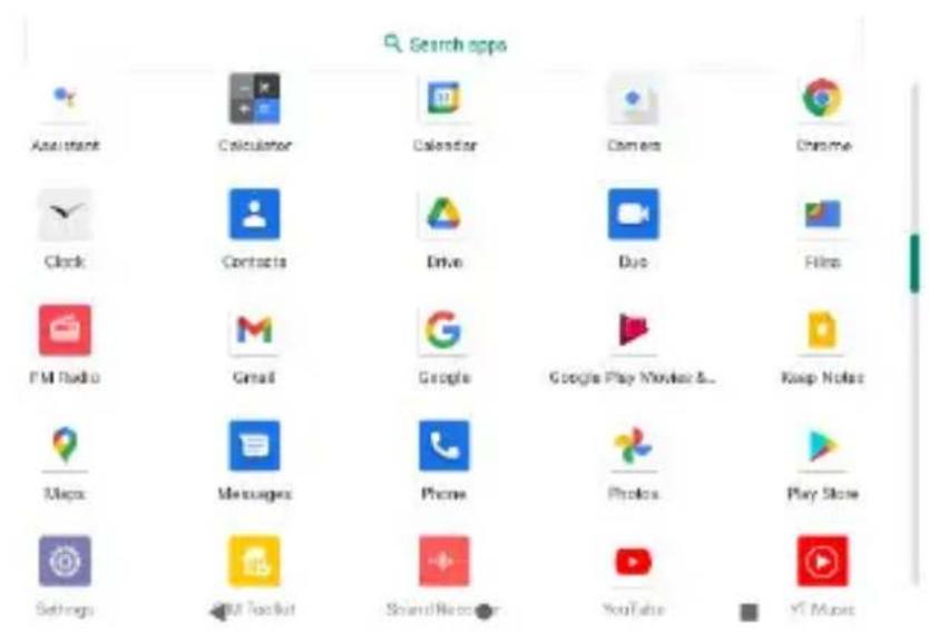 Search apps Assistant Calculator Calendar Camera Chrome Clock Contacts Drive Duo Flits PM Radio Gmail Google Google Play Movie& Keep Notes Maps Messages Phone Photos Play Store Settings Get Tools Sound Roomer YouTube Y! Music