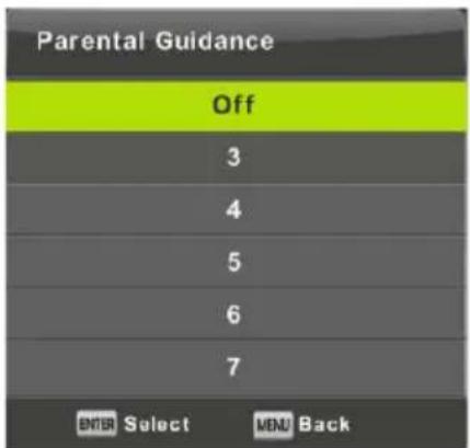 Parental Guidance Off 3 4 5 6 7 ENTER Select MENU Back