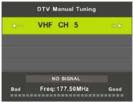 DTV Manual Tuning VHF CH 5 NO SIGNAL Bad Freq: 177.50MHz Good