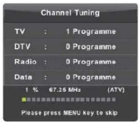 Channel Tuning TV : 1 Programme DTV : 0 Programme Radio : 0 Programme Data : 0 Programme 1 % 67.25 MHz (ATV) Please press MENU key to skip