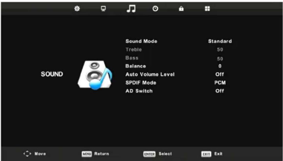 Sound Mode Treble 50 Bass 50 Balance 0 Auto Volume Level Off SPDIF Mode PCM AD Switch Off Move MENU Return ENTER Select EXIT Exit
