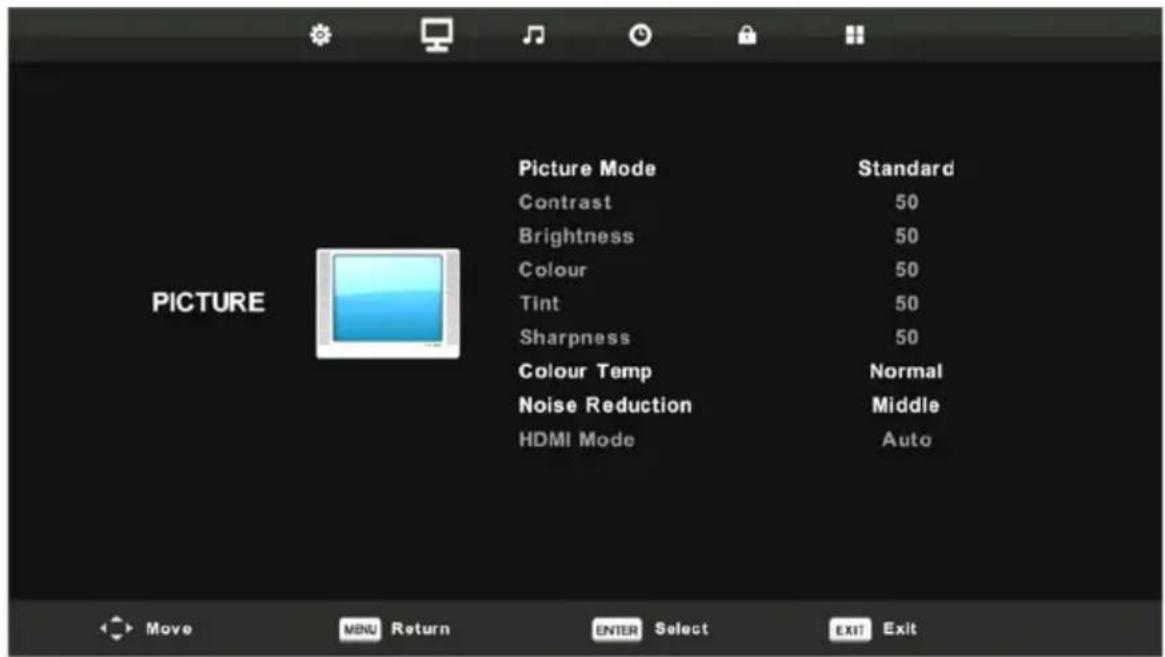 Picture Mode Contrast Brightness Colour Tint Sharpness Colour Temp Noise Reduction HDMI Mode Standard 50 50 50 50 Normal Middle Auto Move MENU Return ENTER Select EXIT Exit