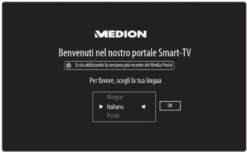 MEDION Benvenuti nel nostro portale Smart-TV Si sta utilizzando la versione più recente del Media Portal Per favore, scegli la tua lingua Magyar Italiano Polski OK