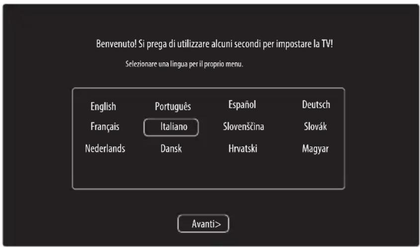 Benvenuto! Si prega di utilizzare alcuni secondi per impostare la TV! Selezionare una lingua per il proprio menu. English Português Espanol Deutsch Français Italiano Slovenščina Slovák Nederlands Dansk Hrvatski Magyar Avanti>