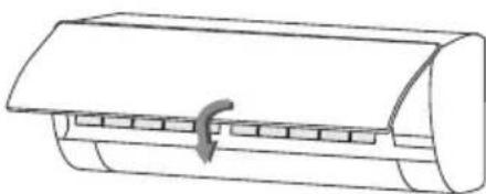 Line drawing of a cylindrical air conditioner unit with a curved arrow indicating airflow direction (no text or symbols)
