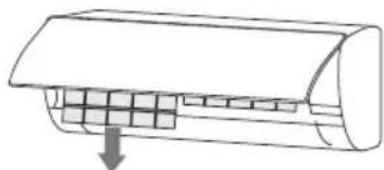 Diagram of a car air conditioner unit with cooling fins and airflow direction arrow (no text or labels)