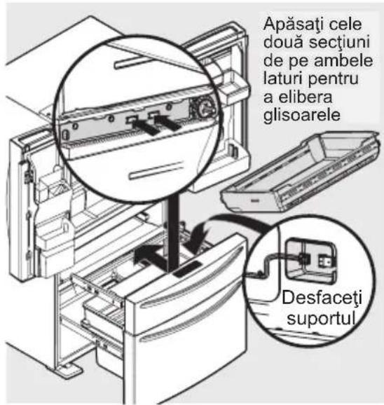 Apăsați cele două sectiuni de pe ambele laturi pentru a elibera glisoarele Desfacți suportul