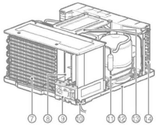 Technical diagram of an air conditioning unit with numbered components for identification