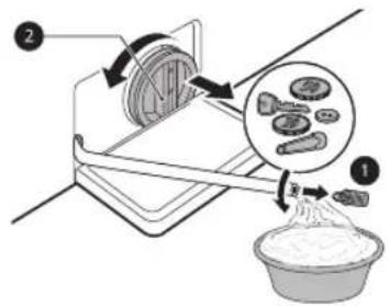 Diagram illustrating food preparation steps with labeled components and a magnified view of raw food items