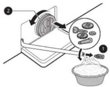 Diagram illustrating food preparation steps with labeled components and a magnified view of raw food items