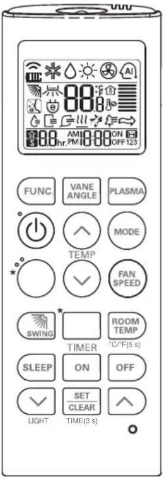 00:00 88. AM10 ON hr. PM 10:00 OFF 123 FUNC. VANE ANGLE PLASMA + 功 心 ▲ MODE TEMP FAN SPEED SWING ROOM TEMP TIMER °C/°F(5 s) SLEEP ON OFF SET CLEAR LIGHT TIME(3 s)