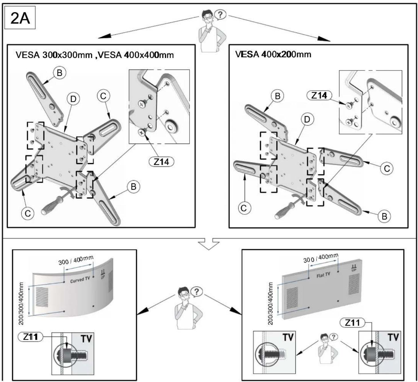 2A VESA 300x300mm ,VESA 400x400mm VESA 400x200mm 300 / 400mm Curved TV UP Z11 TV Z14 B D C B C B Z14 D C B Z11 TV Z11 200/300/400mm 300 / 400mm Flat TV UP 200/300/400mm Z11